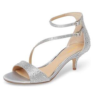 XYD Women Satin Rhinestone Low Kitten Heel Sandals Ankle Strap Open Toe Fashion